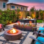 modern concrete patio with firepit